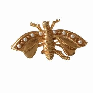 Vintage Butterfly Brooch Faux Pearl Gold Tone Whimsical Quirky Gift VTG